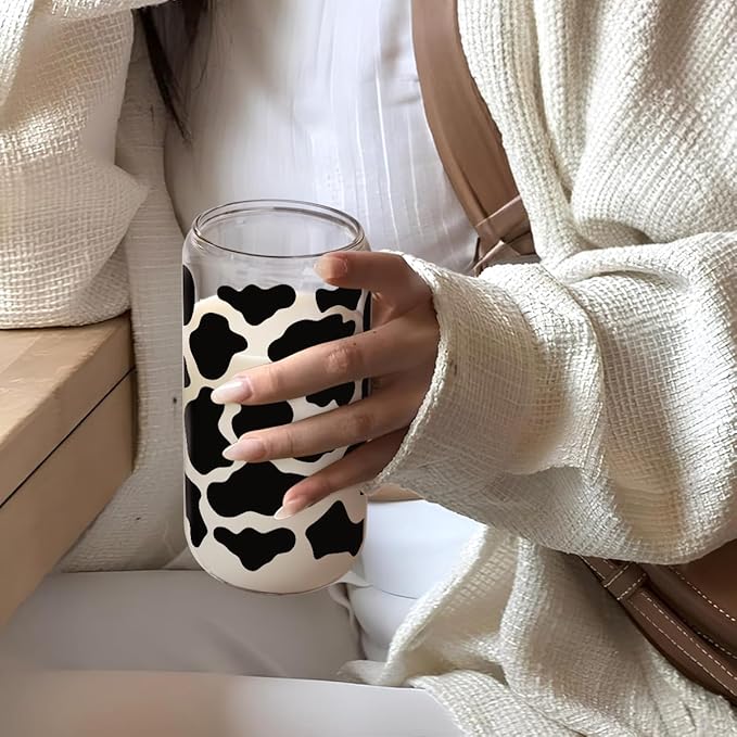 SANDJEST Cow Glass Can, Cow Prints Cup with Lid & Straw, Iced Coffee Aesthetic Cups, Idea Gift for Christmas Birthday Mother Day, Gifts for Women, 16oz