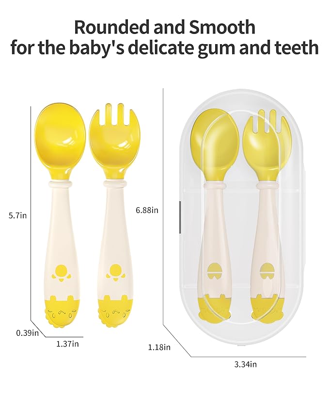 Deejoy Toddler Utensils, Self-feeding Flatware Set withTravel Case, Baby Spoons and Forks with Silicone Bendable Handle, Easy Grip Heat-Resistant, Ideal for Kids, Stage 2 (Yellow)
