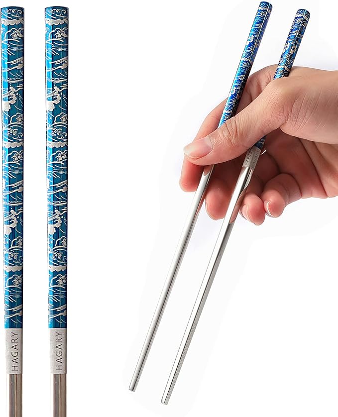 Hagary Blue Wave Chopsticks 2 Pairs Metal Chopsticks Reusable Designed In Korea Japanese Style Stainless Steel 316 18/10 Non-Slip Dishwasher Safe