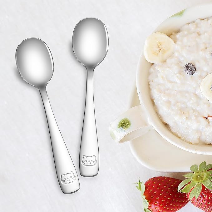 DRKIO Stainless Steel Toddler Spoons Set - 12 Pieces Kids Spoons Set Children Safe Food Grade Kids Silverware Small Spoon Metal Toddler Utensils Dishwasher Safe Mirror Polished