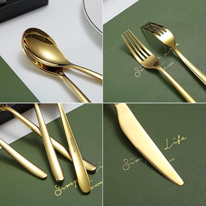 HOMQUEN 40-Piece Gold Silverware Set, Gold Flatware Set for 8, Stainless Steel Tableware Cutlery Set, Utensil Sets for Kitchen, Forks and Spoons Silverware (Shiny Gold)