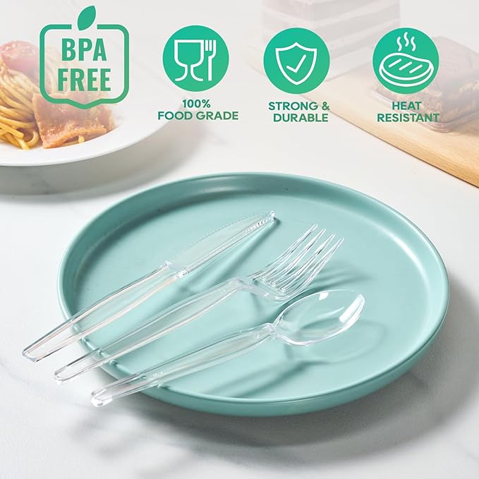 FOCUSLINE 360 Count Clear Plastic Silverware, 120 Forks, Knives and Spoons Each, BPA-Free, Heavy Duty Disposable Cutlery Set, Premium Disposable Flatware Plastic Utensils for Party Everyday Use