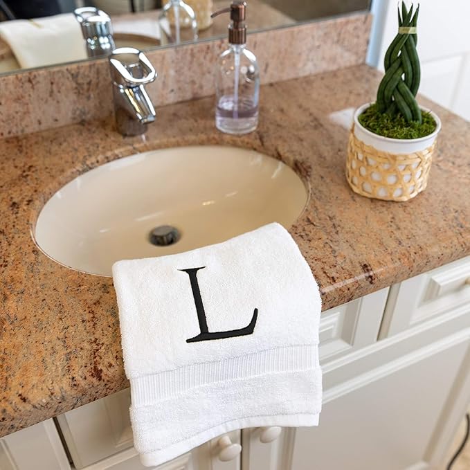 Black & White Bathroom Hand Towel - Monogrammed Luxury Hotel Quality Decorative Embroidered Towel for Powder Room, Spa - GOTS Organic Certified - Set of 2 Letter L