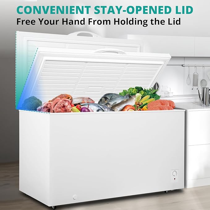 Deep Chest Freezer 14 Cubic Feet, Freezer Chest Garage Ready, 4 Wheels Large Storage Chest Freezer with 1 Basket, Low Noise, Energy Saving, Thermostat Control for Home, Office, Kitchen, White