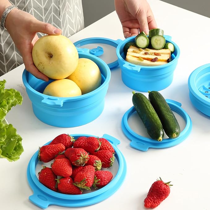 Collapsible Silicone Microwave Cookware Cooker Steamer for Cooking with Lids, 0.8L and 1.4L Glass Food Storage Container Sealed Bowl Mixing Bowls 3pc Set BPA Free