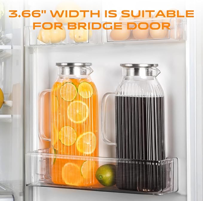 2 Liters/68oz 2 Pack Stripes Glass Pitcher with Lid and Handle for Fridge Door, Aofmee Borosilicate Glass Heat Resistant Dishwasher Safe Iced Tea Jar, Carafe with Scale Line for Hot/Cold Beverage