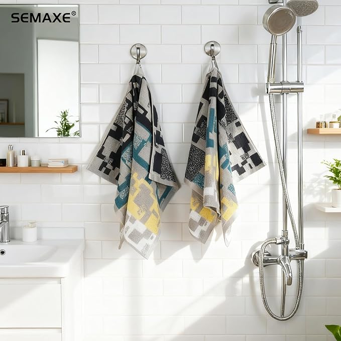 SEMAXE Hand Towels for Bathroom, 100% Cotton Towels with Hanging Loops, Soft and Absorbent, 4 Pack Hand Towel Set for Gym, Shower, Hotel and Spa, Decorative Checkered Towel