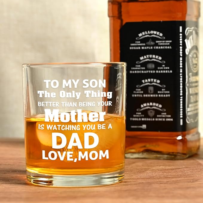 Futtumy Son Gifts from Mom, To My Son Watching You Be a Dad Whiskey Glass, Birthday Christmas Fathers Day Dad to Be Gifts, 10 OZ Old Fashioned Glass
