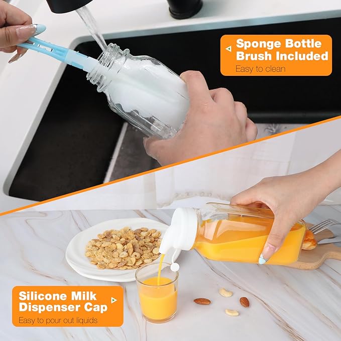 4 Pack 16 OZ Glass Milk Bottles with Lids, Glass Juice Bottles with Scale & Silicone Pour Spout, Reusable Juice Containers Square Drinking Jars for Milk, Coffee, Smoothies, Water