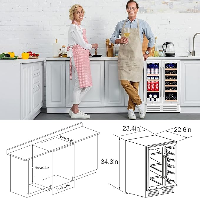 Wine and Beverage Refrigerator, 24 Inch Dual Zone Fridge with Glass Door, Built-In Cooler with Powerful and Quite Cool System/18 Bottles and 88 Cans Capacity Bverage Cooler