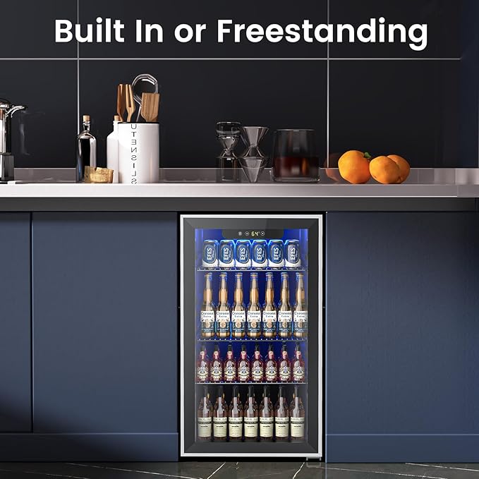 26 Bottle Wine Cooler 130 Can Beverage Refrigerator, Small Freestanding Cabinet Wine Cellar with 32℉-61℉ Temperature Control Glass Door, Black