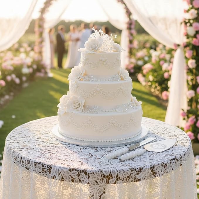 4 Piece Wedding Cake Cutting Set, Knife and Server with Forks, Elegant Wedding Cake Knife and Server Set for Bride and Groom(Pearl Handle Silver)