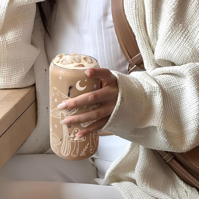 Mushroom 16oz Can Glass Tumbler with Acrylic Lid & Straw, Iced Coffee Cup for Women, Aesthetic Cups Gifts for Birthday Christmas