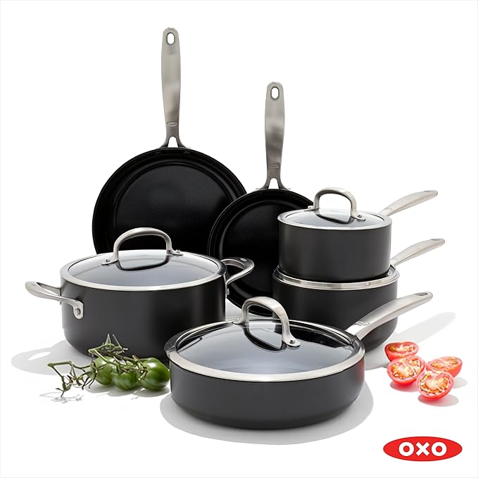 OXO Enhanced 10 Piece Cookware Pots & Pans Set, PFAS-Free Ceramic Nonstick, Durable Hard Anodized Cookware, Scratch Resistant, Stainless Steel Handle, Good Grips, Dishwasher & Oven Safe, Black