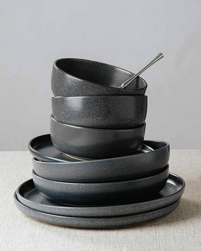 Famiware Milkyway Plates and Bowls Sets, 24 Pieces Dinnerware Sets, Reactive Glaze Dish Set, Stoneware Dishes Set for 8, Matte Dark Charcoal
