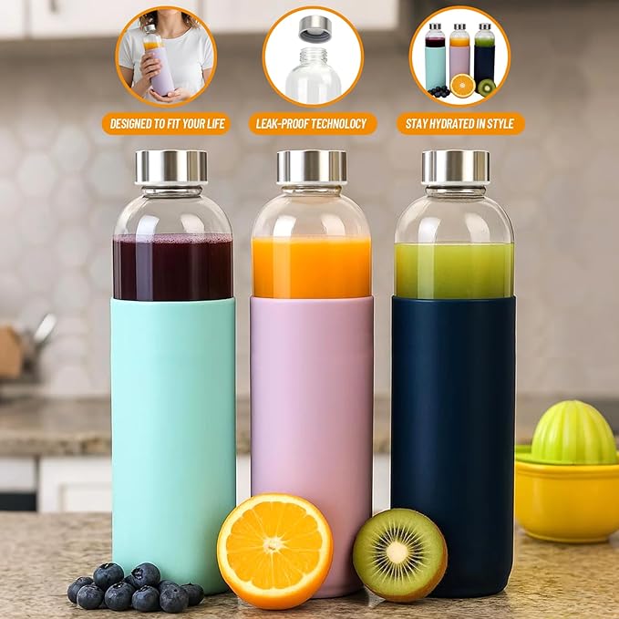 32 oz Glass Water Bottles with Lids and Silicone Sleeve, Reusable Juice Bottles with Stainless Steel Leak Proof Cap, Beverage Storage Containers for Juicing & Water, BPA Free Set of 3
