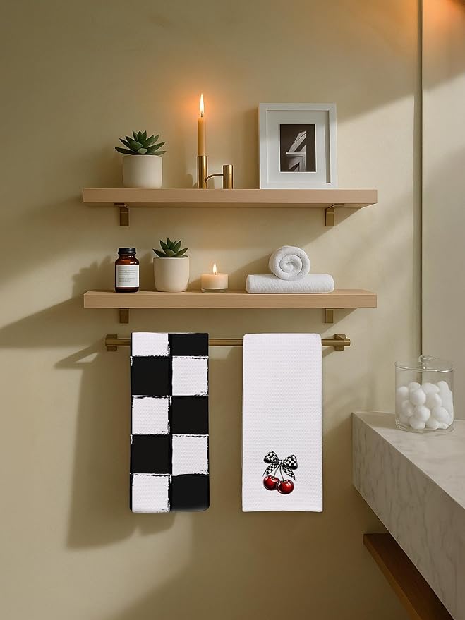 2 Pack Black and White Checkered Hand Towels for Bathroom - Retro Plaid Cherry Decorative Dish Tea Towels for Kitchen Decor, Cherry Gifts for Women, Housewarming Gift Idea