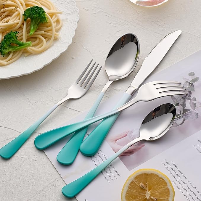 20-Pieces Color Silverware Sets for 4,Green and White Handle Stainless Steel Cutlery Set, Include Forks Spoons and Knives Set, Dishwasher Safe Utensil Sets for Home Restaurant
