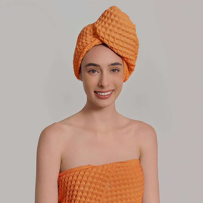 100% Organic Cotton Hair Drying Waffle Towel Wrap for Women | Absorbent & Quick Dry Head Turban for Wet Hair in Shower Sauna Spa, Extra Large for Long Straight Curly Plopping Button (Orange, 1 PACK)