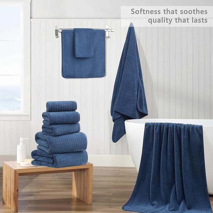 18 Piece Bath Towels Set,Soft Family Bathroom Towel Set with Hanging Loops-6 Bath Towels,6 Hand Towels,6 Washcloths,Highly Absorbent Quick Dry Shower Towel for Bathroom,Hotel,Spa-Navy Blue Towel Set