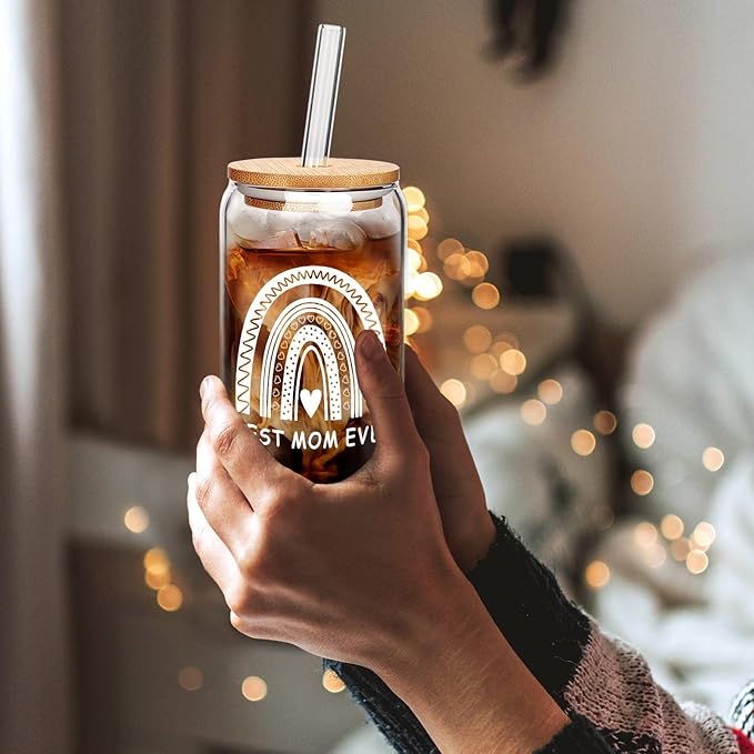 Mason Life Gift for Mom, Birthday Gifts for Mom, Mum Gifts for Women, Cute Glass Cups with Lids and Straw, Birthday Anniversary Present for Mommy from Daughter Son