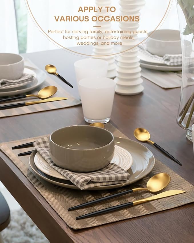 Silverware Set,Ollex 20 Pieces Black and Gold Flatware Set for 4,Modern Matte Cutlery Set with Dinner Knives Forks Spoons Stainless Steel Utensil Set,Satin Finish&Dishwasher Safe
