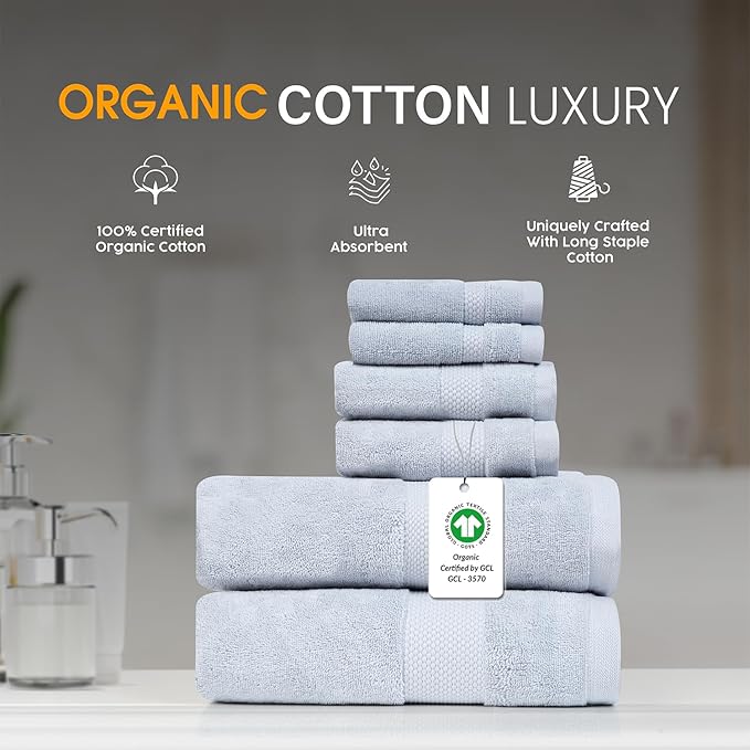 Farm to Home 100% Organic Christmas Bath Towel Set of 6 – GOTS & Oeko-TEX Certified Organic Cotton, Soft, Ultra Absorbent, Quick Dry - Includes 2 Bath Towels, 2 Hand Towels, 2 Washcloths - Sky
