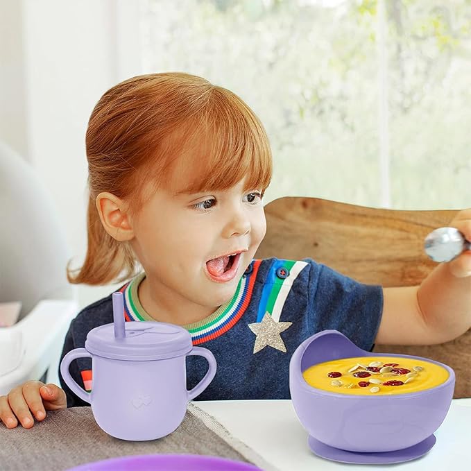 100% Silicone Baby Feeding Set,BPA Free Baby Dishes Set with Suction Bowl Divided Plate,Toddler Self Feeding Dish Set with Spoons Forks Sippy Cup and Bib, Baby Eating Utensils(Purple)