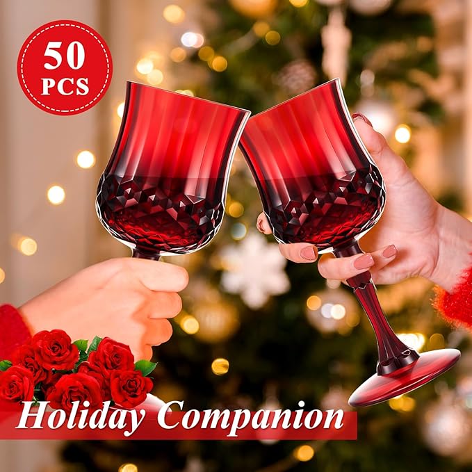 Pinkunn 50 Pcs 7 oz Plastic Vintage Wine Glasses Reusable Colored Goblets Patterned Drinking Water Glasses Cup Dishwasher Safe for Christmas Wedding Reception Party Supplies (Red)