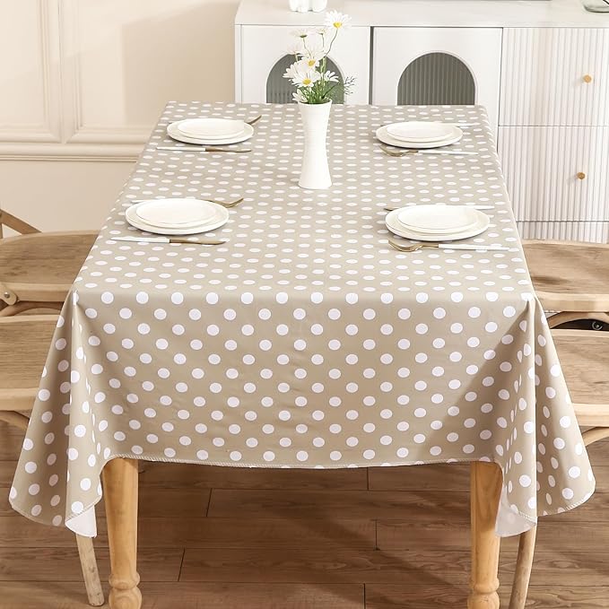 Heavy Duty Vinyl Tablecloth with Flannel Backing Waterproof Oil-Proof Plastic Table Cloth Stain-Resistant Wipeable Rectangle or Square Table Cover for Indoor and Outdoor (White Dots,60x102 Inch)