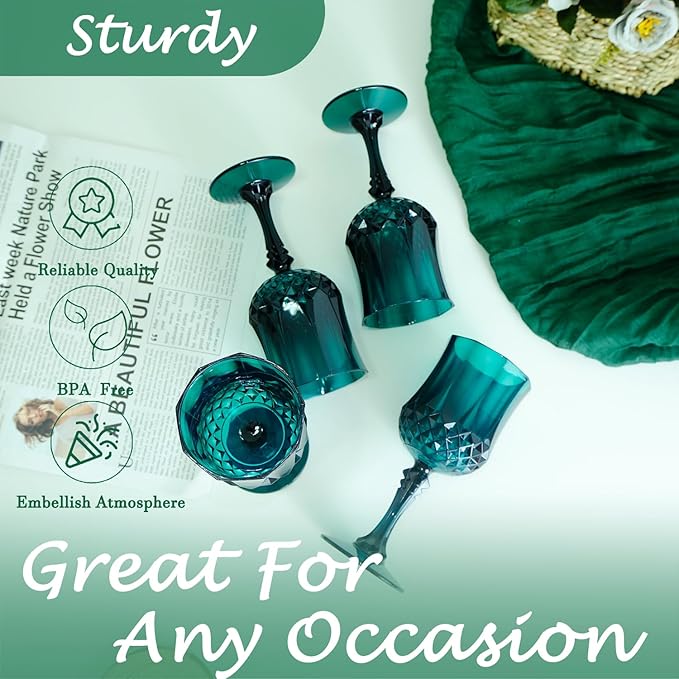 Plastic Wine Glasses,Plastic Goblets Vintage Style Cordial Drinking Glasses for Wedding Reception, Christmas Grand Event Party Supplies (24, Green)