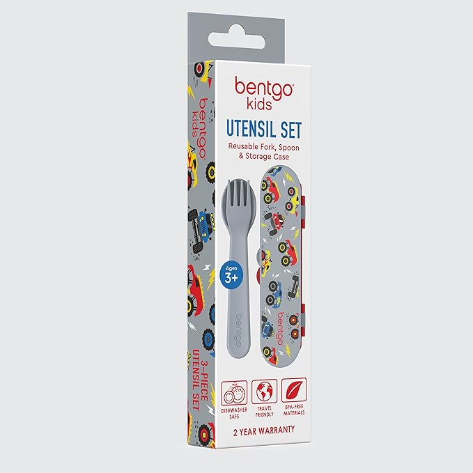 Bentgo Kids Utensil Set - Reusable Plastic Fork, Spoon & Storage Case - BPA-Free Materials, Easy-Grip Handles, Dishwasher Safe - Ideal for School Lunch, Travel, & Outdoors (Trucks)
