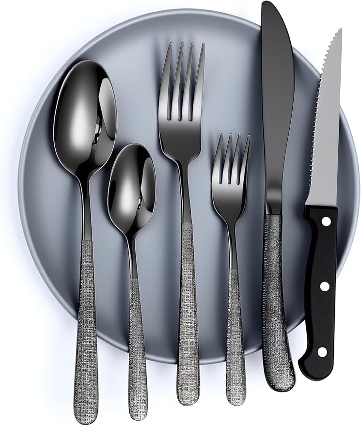 Drill Pattern Cutlery Set, 24-Piece Black Silverware Set With Steak Knives, Black Flatware Set For 4, Food-Grade Stainless Steel Set, Dishwasher Safe, Elegant Home Tableware and Dining Utensils