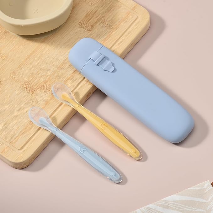 Silicone Baby Spoons for Baby Led Weaning, Spoons with Storage Box,Feeding Spoons for First Stage Baby Dishwasher Safe (Blue)