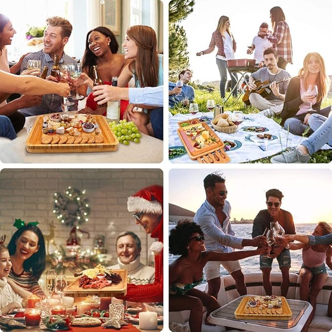 Bamboo Cheese Board with Cheese Tools, Cheese Plate Charcuterie Board Platter Set Serving Tray for Wine Cracker Brie and Meat, Large Thick Wooden Server, Fancy House Warming Gift for Gourmets