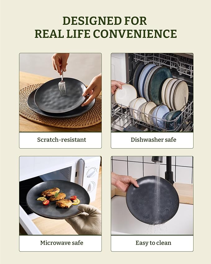 Famiware Dinnerware Sets for 6, Ocean Round 18-Piece Kitchen Plates and Bowls Sets, Microwave and Dishwasher Safe, Scratch Resistant, Matte Black