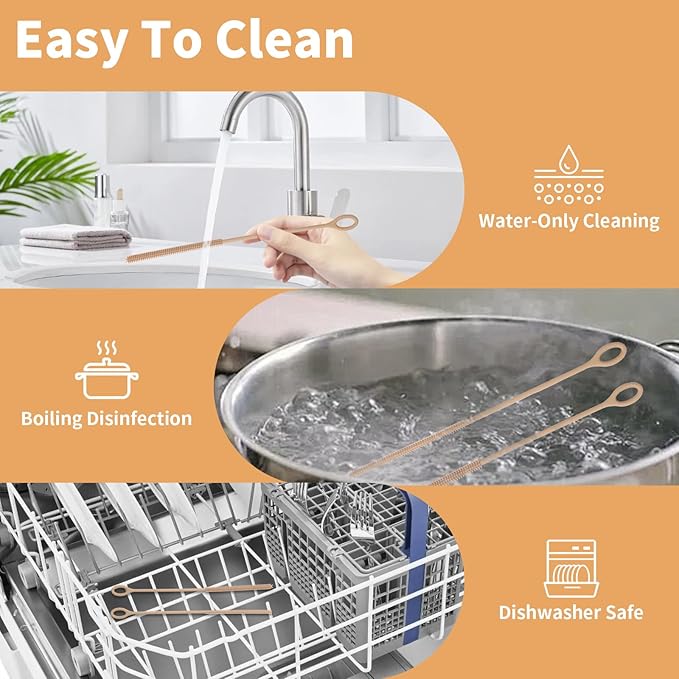 Silicone Straw Cleaner Brush, 2Pcs Reusable Straw Brush Extra Long for Cleaning Tumbler with Handle and Glass Metal Smoothie Straws, Non-slip Handle Soft and Bendable, 6mm+9mm (Brown)