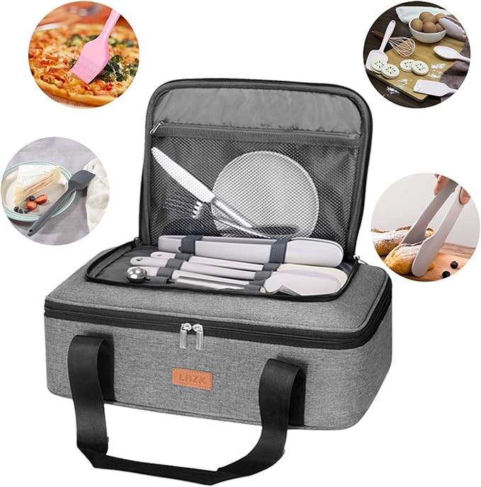 LHZK Double Decker Insulated Casserole Carrier for Hot or Cold Food, Expandable Hot Food Carrier, Lasagna Holder Tote for Potluck Parties, Picnic, Beach, Fits 11 x 15 or 9 x 13 Baking Dish (Grey)