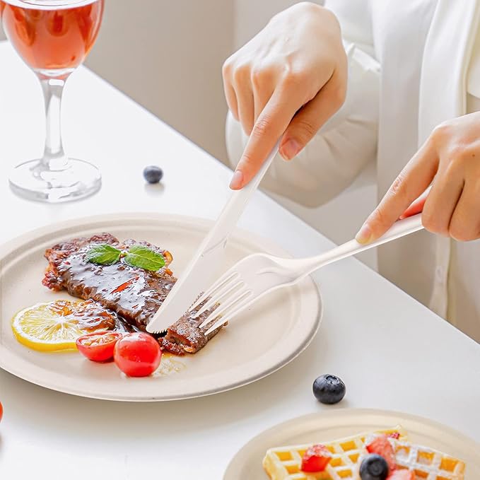 Gezond Compostable Forks 50 Count 7 Inch No Plastic Disposable Forks Heavy-duty Cutlery Set Eco-Friendly Utensils for Party Wedding Camping Office Picnic