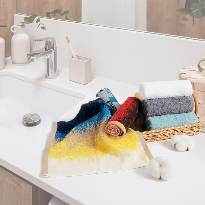 SEMAXE 100% Cotton Washcloths for Bathroom - 24 Pack, Quick-Dry Face Towels with Hanging Loop, Highly Absorbent and Soft, 13x13 Inch, Yellow | Brown | Blue