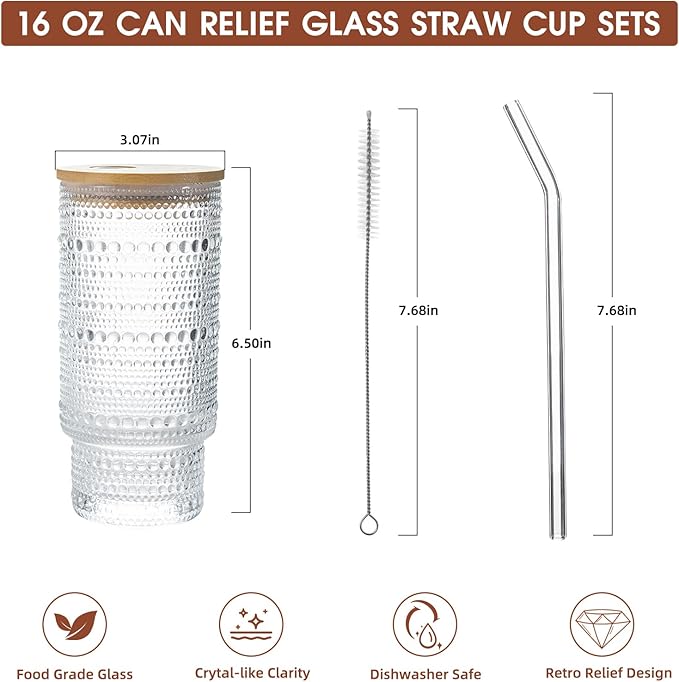 Drinking Glasses with Bamboo Lids and Glass Straw 2pcs Set,16oz Glass Tumbler Cups,Water Glasses,Iced Coffee Glasses,iced Tea Glasses,Beer Glasses,Ideal for Whiskey,1 Brushes