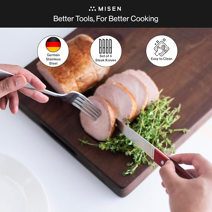 Misen Steak Knives Set of 4 - Precision Serrated Blades for Effortless Dining - German Stainless Steel - Superior Cuts with Four Steak Knives - Comfortable, Sleek Handles - Red