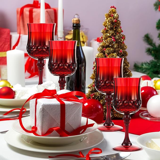 Pinkunn 24 Pcs 7 oz Plastic Vintage Wine Glasses Reusable Colored Goblets Patterned Drinking Water Glasses Cup Dishwasher Safe for Christmas Wedding Reception Party Supplies (Red)