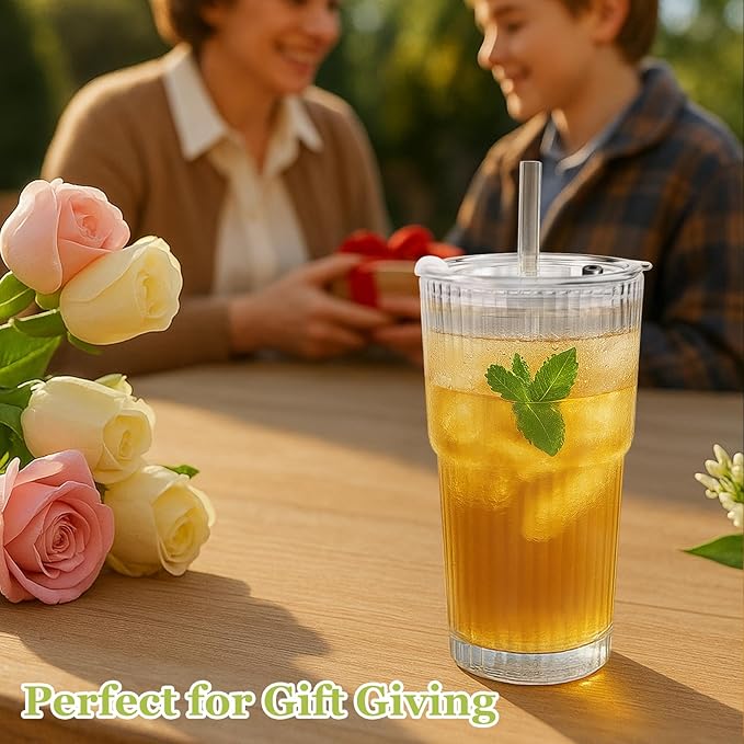 Ruckae 20oz Glass Bottles with Lids,Glass Cups with Lids and Straws,Water Bottle Drinking Glasses for Coffee,Smoothies,Tea,Juice (6, Transparent)