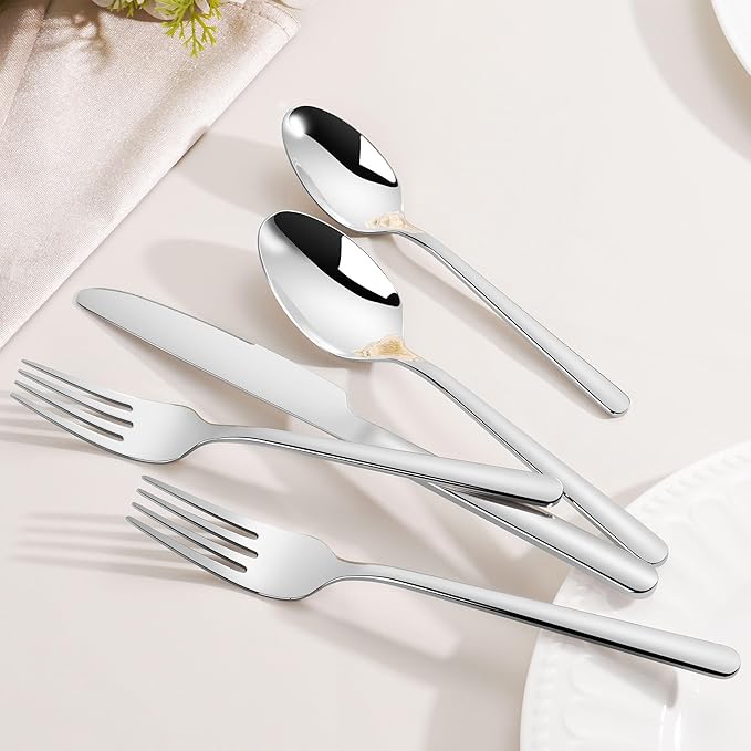 60 Piece Heavy Duty Silverware Set for 12, 18/10 Stainless Steel Flatware, Cutlery Set Modern Design, Dishwasher Safe for Kitchen, Home, Wedding, Party