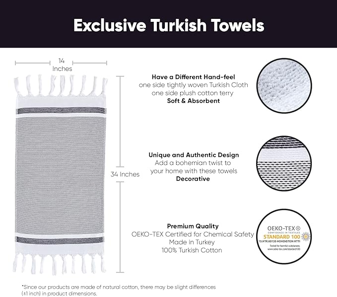 sea me at home Turkish Hand Towels for Bathroom, Kitchen Towels Decorative Set of 2, Luxury Turkish Cotton Dish Tea Towels 14 x 30 Inches for Bohemian, Rustic, and Farmhouse Decor (Black)