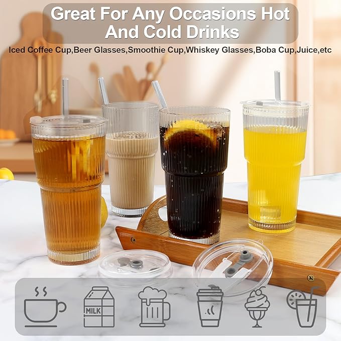 Ribbed Drinking Glasses,with Lids and Straws Glass Cup,19oz Glass cup,4 Pack Old Fashioned Glasses,Thickened for iced coffees,cocktails and juices, perfect for families and parties (4)