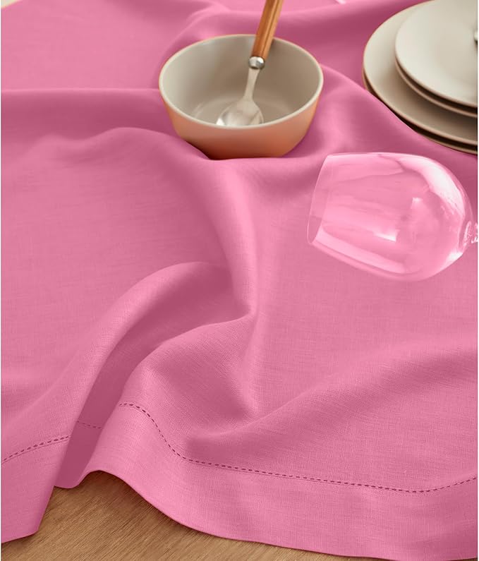 Solino Home Linen Flamingo Pink Table Runner 144 Inches Long - 100% Pure Linen Extra Long Table Runner 14 x 144 Inch for Valentines - Classic Hemstitch