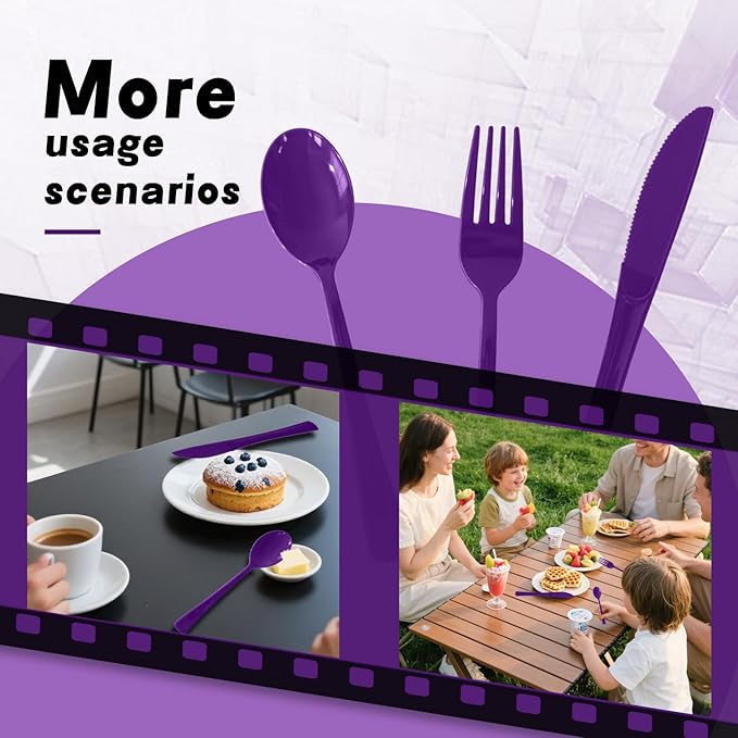 300 Pack Disposable Plastic Silverware, Heavy Duty Purple Plastic Cutlery Set Includes 100 Forks 100 Knives 100 Spoons for Birthday Wedding Party Picnics (300, Purple)