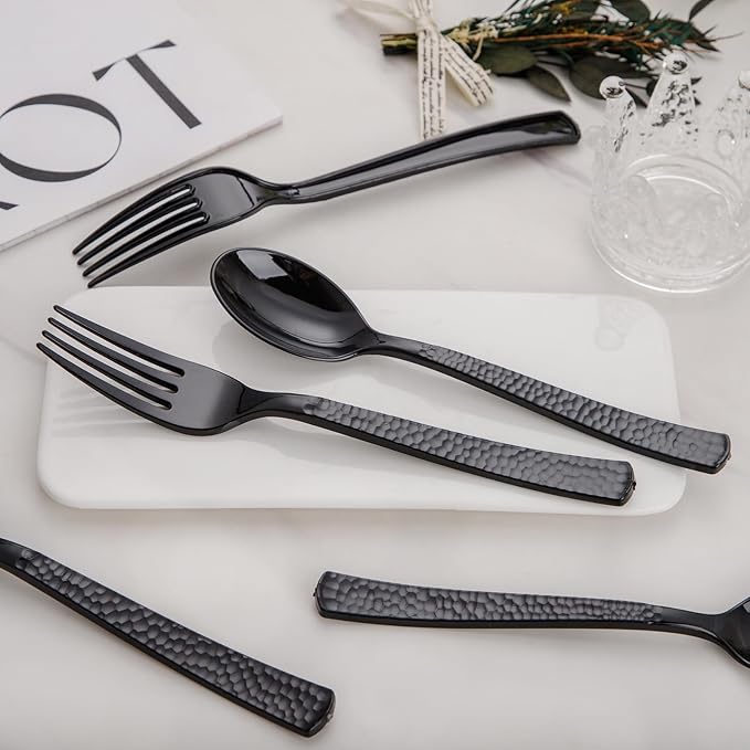 KIRE 400PCS Black Plastic Spoons and Forks Disposable - Black Plastic Silverware Set Disposable Cutlery - 200 Forks, 200 Spoons for New Year/Wedding